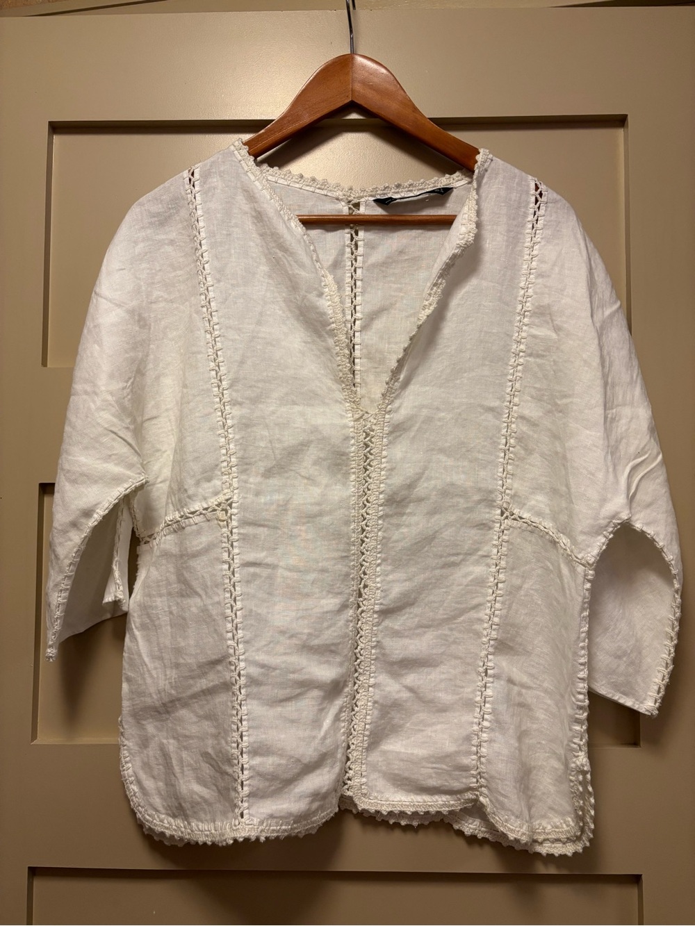 ZARA Cotton Patchwork Tunic Blouse Split Neckline Short Sleeve Relaxed Top Sheer